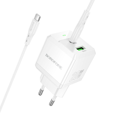 Borofone fali töltő BN19 Intenso GaN - USB + Type C - PD 20W QC 3.0 3A Type C - Type C kábellel fehér