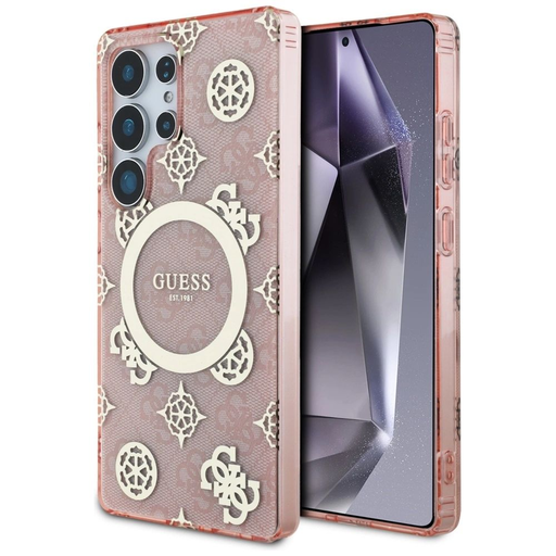 Guess 4G Background Gold Electroplated Peony Pattern MagSafe tok Samsung Galaxy S25 Ultra Pink