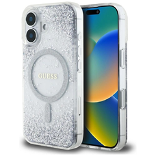 Guess HC Resin Bottom Csillogó MagSafe tok iPhone 16 - ezüst