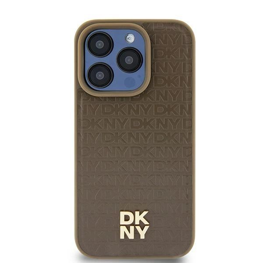 DKNY bőr mintázatú fém logó MagSafe tok iPhone 15 / 14 / 13 - barna tok