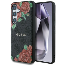 Guess bőr 4G virágmintás fém klasszikus logós MagSafe tok Samsung Galaxy S25 - fekete tok