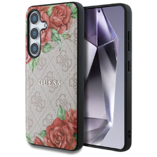 Guess Bőr 4G Virágmintás Fém Klasszikus Logó MagSafe tok Samsung Galaxy S25 - Rózsaszín tok