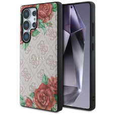 Guess Bőr 4G Virág Minta Fém Klasszikus Logó MagSafe Tok Samsung Galaxy S25 Ultra - Rózsaszín