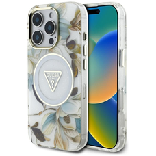 GUESS tok iPhone 16 Pro Max-hez MagSafe kompatibilis GUHMP16XHFLPEDH (IML Metal Glitter Virágok Háromszög) fehér tok