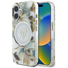GUESS tok iPHONE 16 kompatibilis MagSafe GUHMP16SHFLPEDH (IML Fém Csillogó Virágok Háromszög) fehér tok