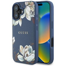 GUESS tok iPhone 16-hoz MagSafe kompatibilis GUHMP16SPGNMPLMB (PU Virágos Mintás Klasszikus Logó) kék tok