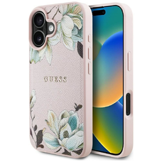 GUESS tok iPhone 16-hoz MagSafe kompatibilis GUHMP16SPGNMPLMP (PU Szemcsés Virágok Klasszikus Logó) rózsaszín tok