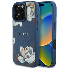 GUESS tok iPHONE 16 Pro Max készülékhez, MagSafe kompatibilis GUHMP16XPGNMPLMB (PU Grained Flowers Classic Logo) kék tok