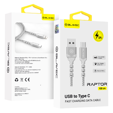 Blavec Cable Raptor fonott - USB Type-C - 3A 1 méter Apple CarPlay/Android Auto (CRA-UC3WS10) fehér-ezüst