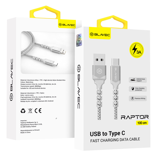 Blavec Cable Raptor fonott - USB Type-C - 3A 1 méter Apple CarPlay/Android Auto (CRA-UC3WS10) fehér-ezüst