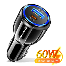  Techsuit - Autós Töltő Prémium (TE-022) - USB-A QC5.0 30W, USB-C PD30W, Összesen 60W, LED Fény - Fekete
