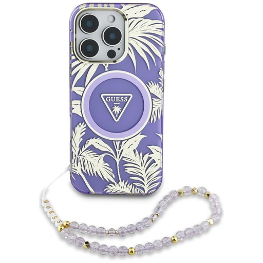 GUESS tok iPhone 16-hoz kompatibilis MagSafe GUHMP16SHPCTPLSU (IML Pálmafák Háromszög Gyöngy Pánttal) lila tok GUESS tok iPhone 16-hoz kompatibilis MagSafe GUHMP16SHPCTPLSU (IML Pálmafák Háromszög Gyöngy Pánttal) lila tok