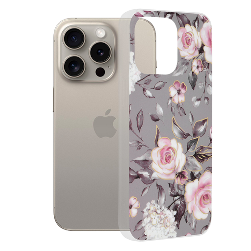  Techsuit - Márvány Sorozat - iPhone 15 Pro Max - Ruth Szürke Virágzása tok
