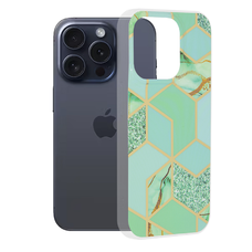  Techsuit - Márvány Sorozat - iPhone 15 Pro - Zöld Hex tok