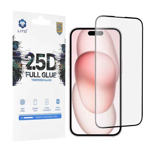 Lito - 2.5D Teljes Ragasztós Üveg - iPhone 15 - Fekete üvegfólia Lito - 2.5D Teljes Ragasztós Üveg - iPhone 15 - Fekete üvegfólia