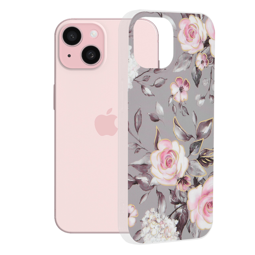 Techsuit - Márvány Sorozat - iPhone 15 - Ruth Szürke Virágzása tok Techsuit - Márvány Sorozat - iPhone 15 - Ruth Szürke Virágzása tok