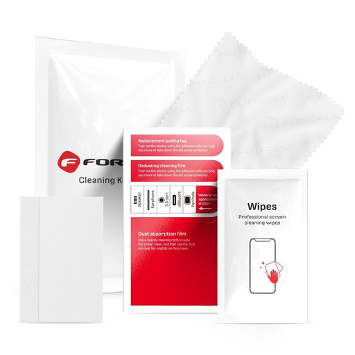 FORCELL - tisztítókészlet LCD-khez 4 az 1-ben (nedves és száraz kendő, karcolás elleni kártya, por eltávolító matricák)