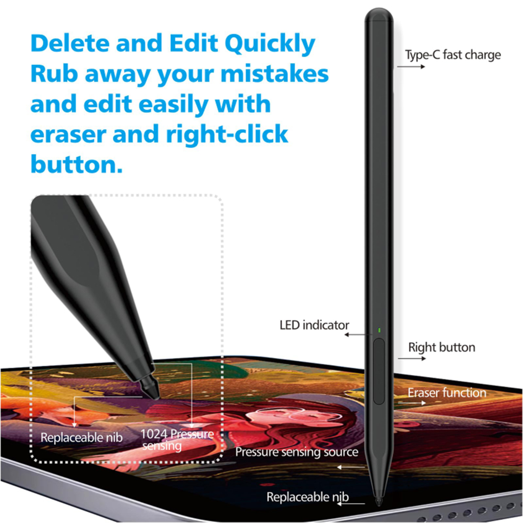  Techsuit - Stylus toll (F97) - Microsoft Surface-hez, Aktív, Type-C, Palm Rejection (tenyér-érintkezés kizárás), Oldalsó tapadás, 90mAh, 5V, 0.2A - Fekete - 5