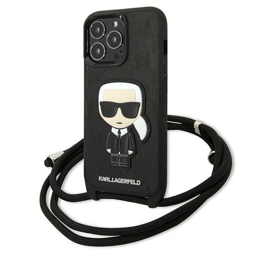 Karl Lagerfeld Bőr Monogram Patch és Zsinór Ikonikus Tok iPhone 13 Pro / 13 - Fekete tok Karl Lagerfeld Bőr Monogram Patch és Zsinór Ikonikus Tok iPhone 13 Pro / 13 - Fekete tok