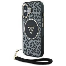 Guess HC IML Leopárd Háromszög Zsinór Pánt MagSafe tok iPhone 16-hoz - fekete tok