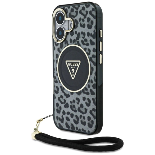 Guess HC IML Leopárd Háromszög Zsinór Pánt MagSafe tok iPhone 16-hoz - fekete tok Guess HC IML Leopárd Háromszög Zsinór Pánt MagSafe tok iPhone 16-hoz - fekete tok