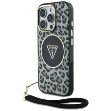 Guess HC IML Leopard Triangle Cord Strap MagSafe tok iPhone 16 Pro - Fekete
