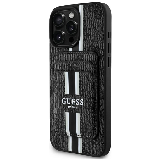Guess 4G Stripes tok Magsafe pénztárcával iPhone 16 Pro Max fekete tok Guess 4G Stripes tok Magsafe pénztárcával iPhone 16 Pro Max fekete tok