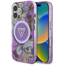 Guess Glitter Flowers Triangle Buttons MagSafe tok iPhone 16 Lila