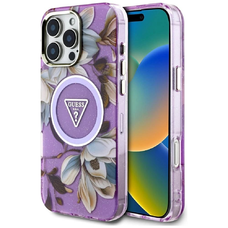 Guess Glitter Flowers Triangle Buttons MagSafe tok iPhone 16 Pro-hoz Lila
