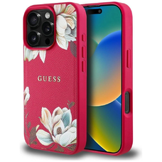 Guess Grained Printed Flower Pattern MagSafe tok iPhone 16 Pro fukszia tok