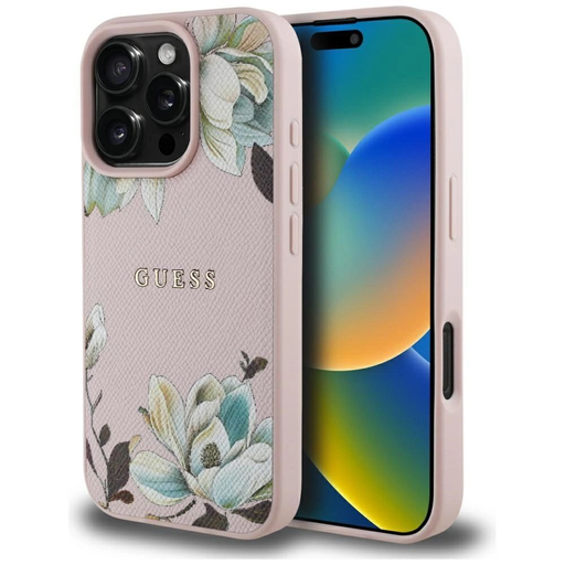 Guess Grained Printed Flower Pattern MagSafe tok iPhone 16 Pro Max-hoz Rózsaszín tok Guess Grained Printed Flower Pattern MagSafe tok iPhone 16 Pro Max-hoz Rózsaszín tok