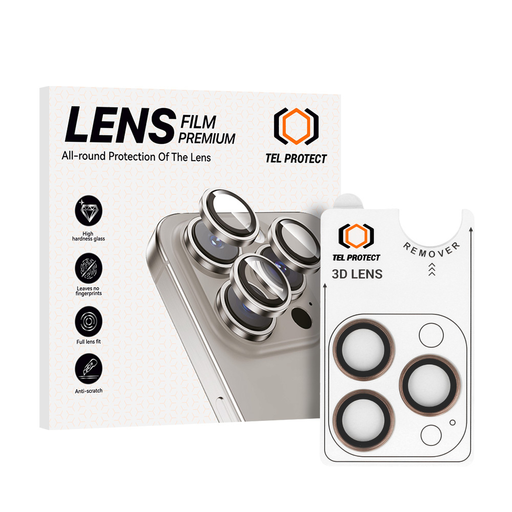 Temperált üveg Tel Protect 3D lencse védőfólia kamera iPhone 15 Pro/15 Pro Max titán (3 darab lencse) üvegfólia Temperált üveg Tel Protect 3D lencse védőfólia kamera iPhone 15 Pro/15 Pro Max titán (3 darab lencse) üvegfólia