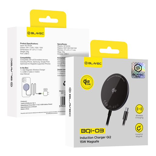 Blavec BQI-03 Qi2 15W mágneses Magsafe vezeték nélküli töltő (BQI03-QI2MB) fekete