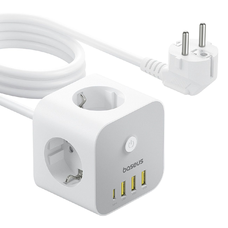 Baseus PowerCombo 7 az 1-ben hálózati elosztó kocka, 3 AC + 3 x USB-A + 1 x USB-C 20W 1,5 m - fehér