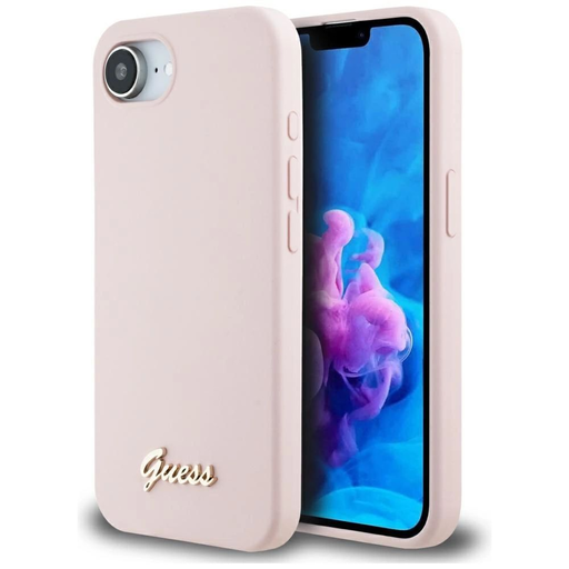 Guess Szilikon Script Fém Logó MagSafe iPhone 16e tok - Rózsaszín