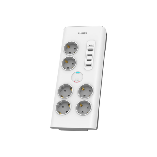 Túlfeszültségvédős elosztó PHILIPS hosszabbító 6 Schuko aljzat + 6xUSB-A + 1xUSB-C 2m 16A fehér
