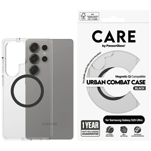 CARE by PanzerGlass Flagship Urban Combat Black QI tok Samsung Galaxy S25 Ultra - Átlátszó CARE by PanzerGlass Flagship Urban Combat Black QI tok Samsung Galaxy S25 Ultra - Átlátszó