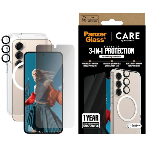 CARE by PanzerGlass Flagship 3in1 Tok + Privaát Üvegfólia + Lencsevédő a Samsung Galaxy S25-hez CARE by PanzerGlass Flagship 3in1 Tok + Privaát Üvegfólia + Lencsevédő a Samsung Galaxy S25-hez