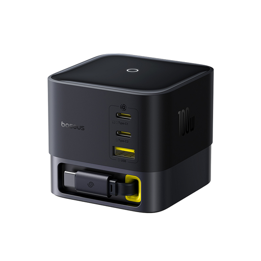  Baseus - Fali töltő Super GaN (P10164001123-00) - Visszahúzható kábel, Gyors töltés, 2xUSB, Type-C, 100W, 1,5m - Kozmikus fekete