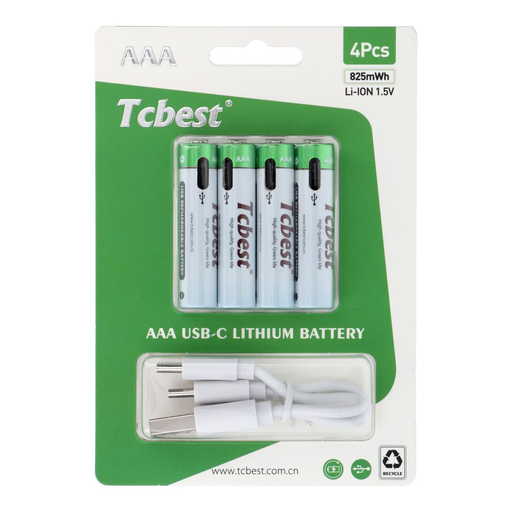 TCBEST tölthető elem R3 (AAA) 220 mAh Type C aljzattal + USB A - 4 x Type C kábel 4 db