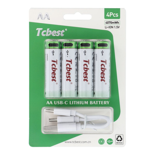 TCBEST újratölthető ceruzaelem R6 (AA) 1100 mAh Type C csatlakozóval + USB A - 4 x Type C kábel 4 db