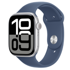 Apple Watch S10 Mobilkapcsolattal 46mm Ezüst Alumínium Tokkal és Farmer Sport Szíjjal - M/L