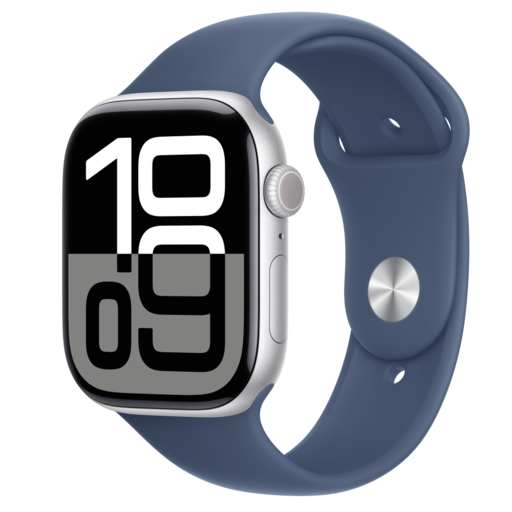 Apple Watch S10 Mobilkapcsolattal 46mm Ezüst Alumínium Tokkal és Farmer Sport Szíjjal - M/L