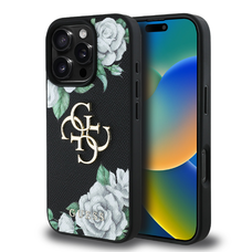 Guess PU Grained Roses 4G Metal Logo tok iPhone 16 Pro fekete tok