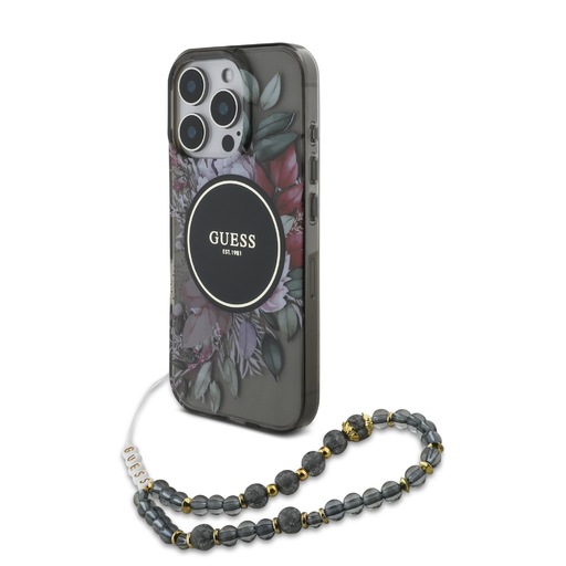 Guess IML Flowers Pearl Strap MagSafe tok iPhone 16 Pro Max fekete Guess IML Flowers Pearl Strap MagSafe tok iPhone 16 Pro Max fekete