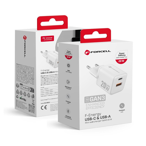 FORCELL F-ENERGY Mini GaN III VT-35A utazó töltő 1 x Type C + 1x USB A aljzattal, PD QC4.0 20W fehér