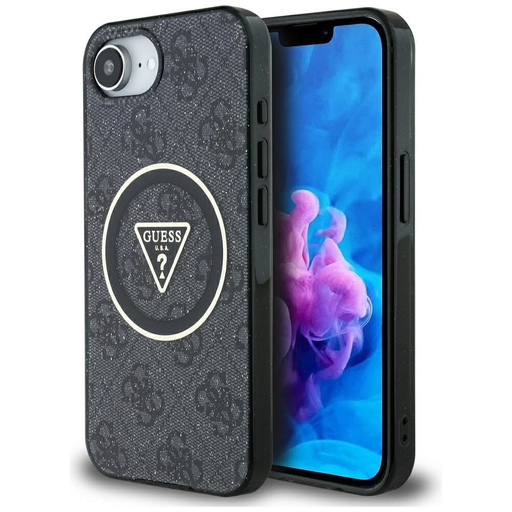 GUESS tok IPHONE 16e-hez (SE 4 2025) MagSafe kompatibilis GUHMPSE4HG4PRTGK (IML Metal Glitter 4G Kör Háromszög) fekete tok