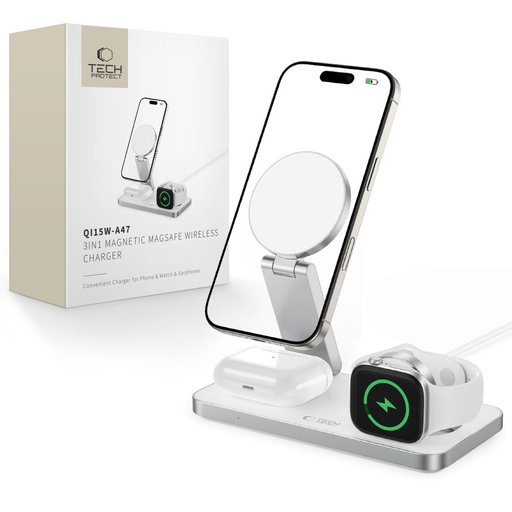 Tech-protect Qi15w-a47 3in1 Mágneses Magsafe Vezeték Nélküli Töltő Fehér