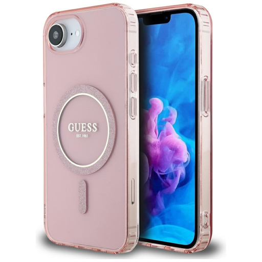 Eredeti Guess IML Glitter Kör MagSafe iPhone 16e tok rózsaszín tok