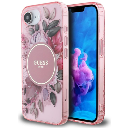 Original GUESS IML Flowers MagSafe tok iPhone 16e rózsaszín